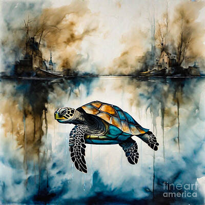 Reptiles Drawings - Turtle as a Guardian of a Whispering Waterway by Adrien Efren