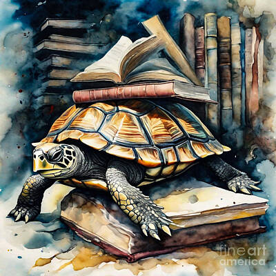 Reptiles Drawings - Turtle as a Guardian of an Ancient Library by Adrien Efren