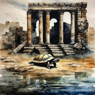 Reptiles Drawings - Turtle as a Guardian of an Ancient Ruin by Adrien Efren