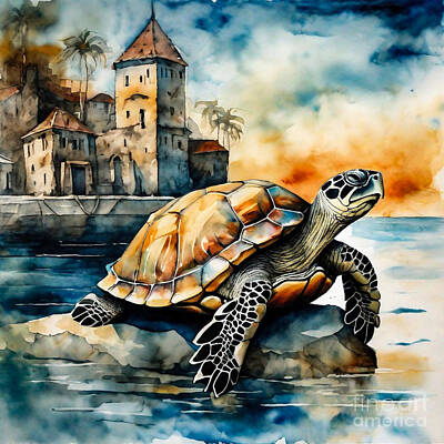 Animals Drawings - Turtle as a Guardian of an Ancient Waterfront by Adrien Efren