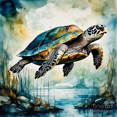 Reptiles Drawings Royalty Free Images - Turtle as a Guardian of an Enchanted Waterfront Royalty-Free Image by Adrien Efren