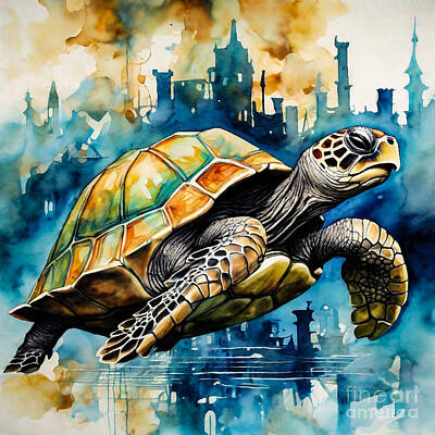 Reptiles Drawings - Turtle as a Guardian of the Ancient Fantasy Metropolis by Adrien Efren