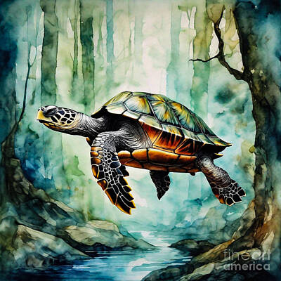 Reptiles Drawings - Turtle as a Guardian of the Ancient Forest by Adrien Efren
