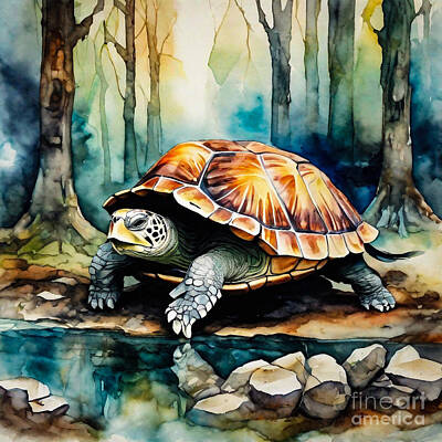 Reptiles Drawings Royalty Free Images - Turtle as a Guardian of the Ancient Grove Royalty-Free Image by Adrien Efren