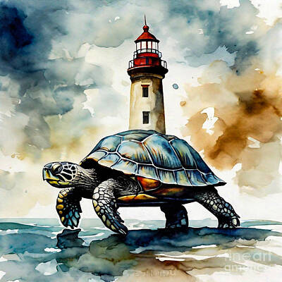 Reptiles Drawings - Turtle as a Guardian of the Ancient Lighthouse by Adrien Efren