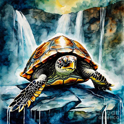 Reptiles Drawings - Turtle as a Guardian of the Ancient Waterfall by Adrien Efren