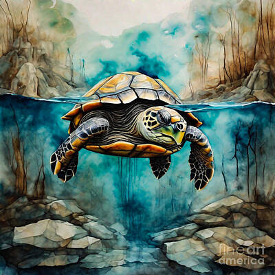 Reptiles Drawings - Turtle as a Guardian of the Ancient Waterway by Adrien Efren