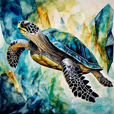 Reptiles Drawings Royalty Free Images - Turtle as a Guardian of the Crystal Caves Royalty-Free Image by Adrien Efren