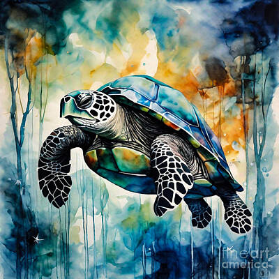 Reptiles Drawings - Turtle as a Guardian of the Crystal Forest by Adrien Efren