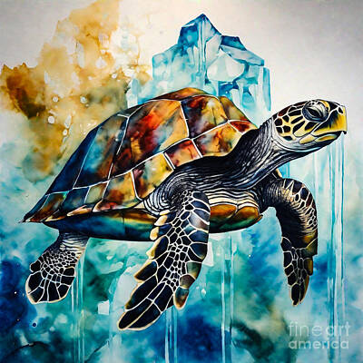 Reptiles Drawings - Turtle as a Guardian of the Crystal Lagoon by Adrien Efren