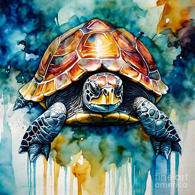 Reptiles Drawings - Turtle as a Guardian of the Crystal Oasis by Adrien Efren