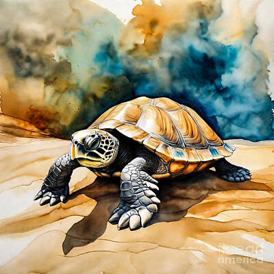 Reptiles Drawings - Turtle as a Guardian of the Desert Oasis by Adrien Efren