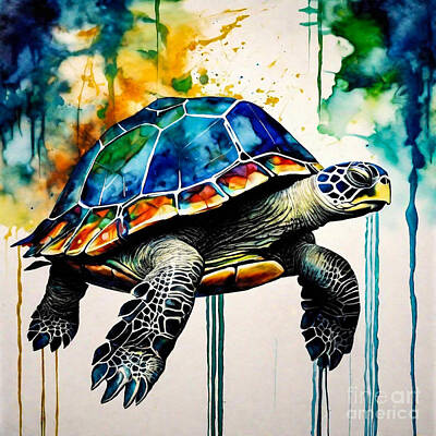 Reptiles Drawings - Turtle as a Guardian of the Electric Jungle by Adrien Efren