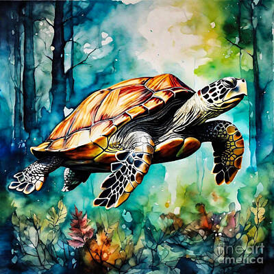 Reptiles Drawings - Turtle as a Guardian of the Enchanted Forest by Adrien Efren