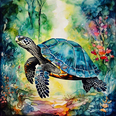 Reptiles Drawings - Turtle as a Guardian of the Enchanted Gardens by Adrien Efren