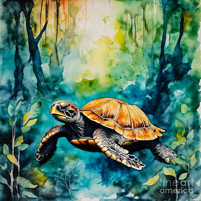 Reptiles Drawings - Turtle as a Guardian of the Enchanted Grove by Adrien Efren