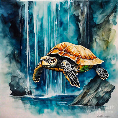 Reptiles Drawings - Turtle as a Guardian of the Enchanted Waterfall by Adrien Efren