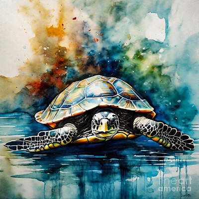Reptiles Drawings - Turtle as a Guardian of the Enchanted Waterfront by Adrien Efren