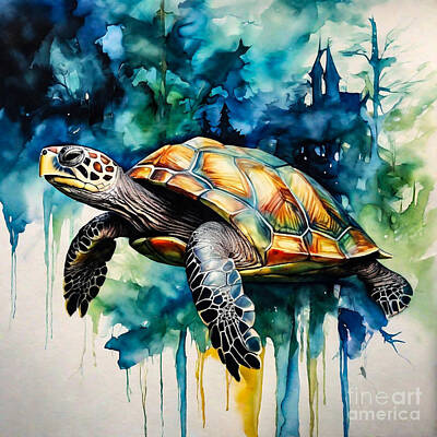 Reptiles Drawings - Turtle as a Guardian of the Enchanted Woods by Adrien Efren