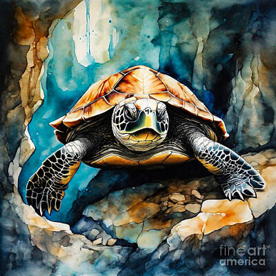 Reptiles Drawings - Turtle as a Guardian of the Forgotten Caverns by Adrien Efren