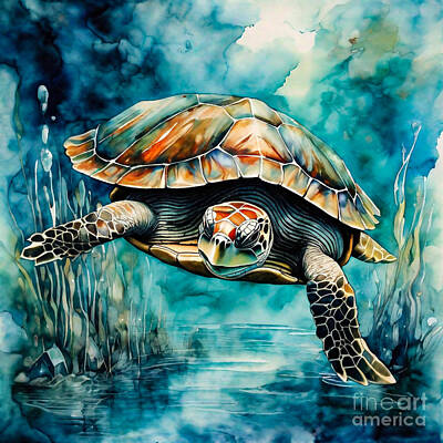 Reptiles Drawings - Turtle as a Guardian of the Forgotten Fantasy Waterway by Adrien Efren