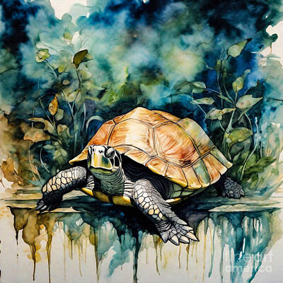 Reptiles Drawings - Turtle as a Guardian of the Forgotten Gardens by Adrien Efren