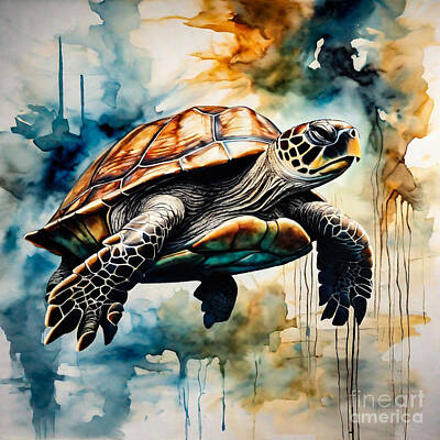 Reptiles Drawings - Turtle as a Guardian of the Forgotten Kingdom by Adrien Efren