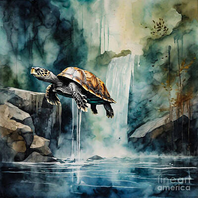 Reptiles Drawings - Turtle as a Guardian of the Forgotten Waterfall by Adrien Efren