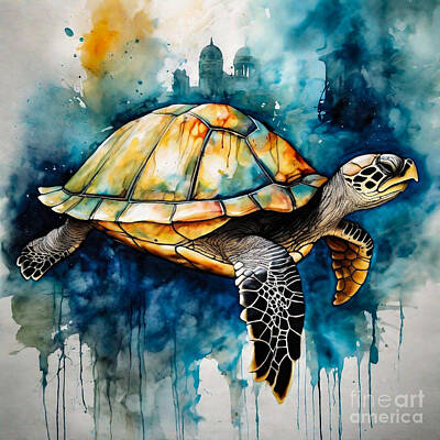 Reptiles Drawings - Turtle as a Guardian of the Forgotten Waterfront by Adrien Efren