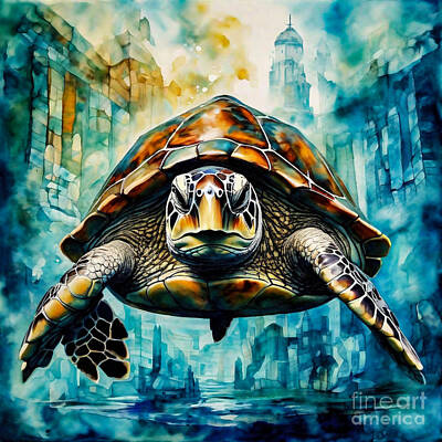 City Scenes Drawings - Turtle as a Guardian of the Lost City of Atlantis by Adrien Efren