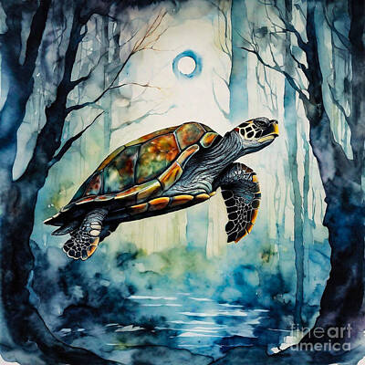 Reptiles Drawings - Turtle as a Guardian of the Moonlit Grove by Adrien Efren