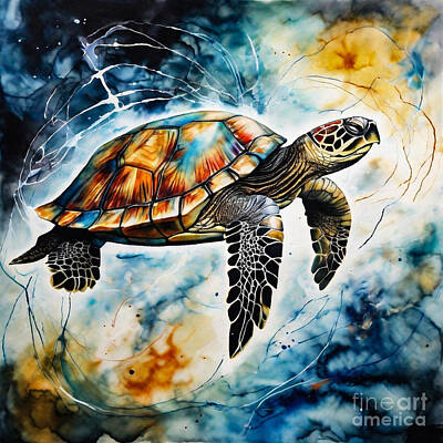 Reptiles Drawings - Turtle as a Guardian of the Quantum Realm by Adrien Efren