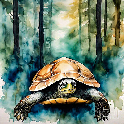 Reptiles Drawings - Turtle as a Guardian of the Timeless Grove by Adrien Efren