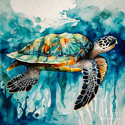 Reptiles Drawings Royalty Free Images - Turtle as a Guardian of the Underwater Kingdom Royalty-Free Image by Adrien Efren