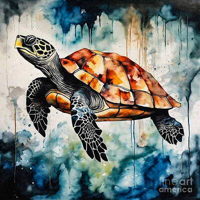 Reptiles Drawings Royalty Free Images - Turtle as a Guardian of the Underworld Royalty-Free Image by Adrien Efren