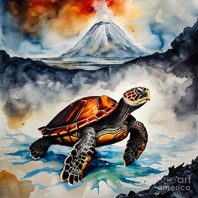 Reptiles Drawings Royalty Free Images - Turtle as a Guardian of the Volcano Royalty-Free Image by Adrien Efren