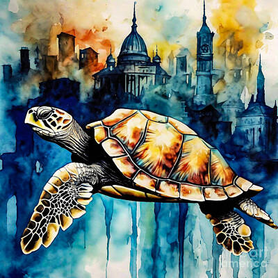 Reptiles Drawings - Turtle as a Guardian of the Whispering Fantasy Metropolis by Adrien Efren