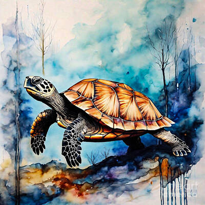 Reptiles Drawings - Turtle as a Guardian of the Whispering Fantasy Wilderness by Adrien Efren