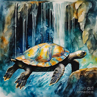 Reptiles Drawings - Turtle as a Guardian of the Whispering Waterfall by Adrien Efren