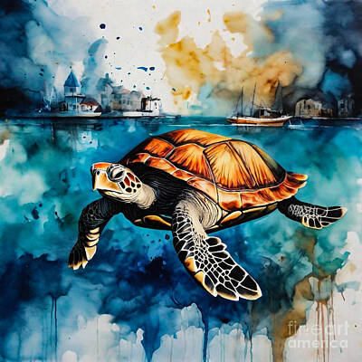 Reptiles Drawings - Turtle as a Guardian of the Whispering Waterfront by Adrien Efren