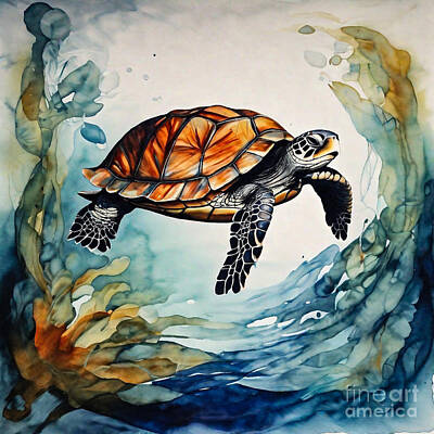 Reptiles Drawings - Turtle as a Guardian of the Whispering Waterway by Adrien Efren