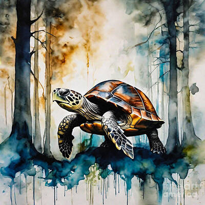 Reptiles Drawings - Turtle as a Guardian of the Whispering Woods by Adrien Efren