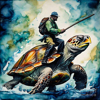 Reptiles Drawings - Turtle as a Mythical Dragon Rider by Adrien Efren