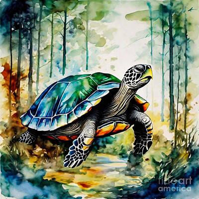 Reptiles Drawings - Turtle as a Mythical Guardian of the Forest by Adrien Efren