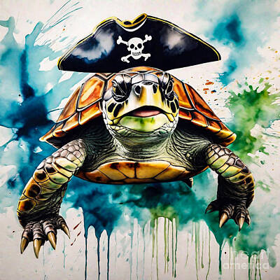 Reptiles Drawings - Turtle as a Pirate by Adrien Efren
