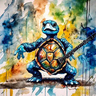 Reptiles Drawings - Turtle as a Rockstar Performing on Stage by Adrien Efren