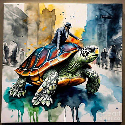 Reptiles Drawings - Turtle as a Street Performer by Adrien Efren