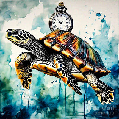 Reptiles Drawings - Turtle as a Time Traveler with a Pocket Watch by Adrien Efren