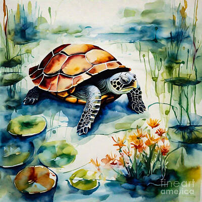 Reptiles Drawings - Turtle as a Zen Gardener by Adrien Efren