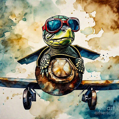 Reptiles Drawings - Turtle as an Aviator in a Vintage Plane by Adrien Efren